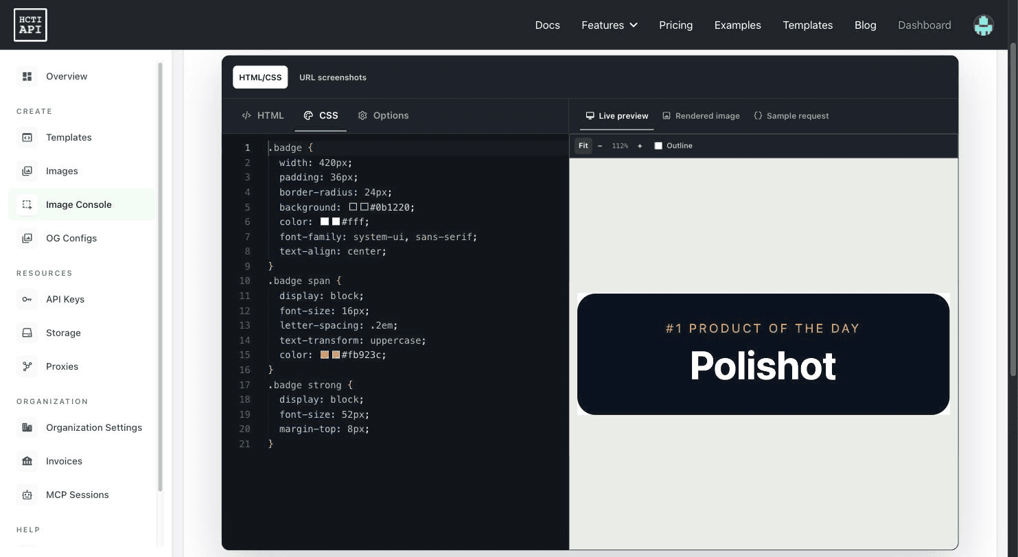 The Image Console: CSS on the left with colour swatches, live in-browser preview on the right.