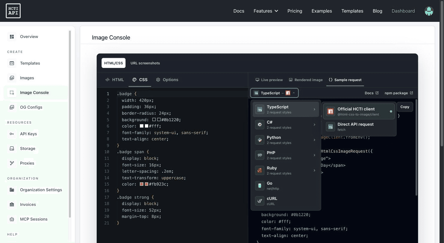 Sample request generation: seven languages, with an official-client or direct-API variant for most.